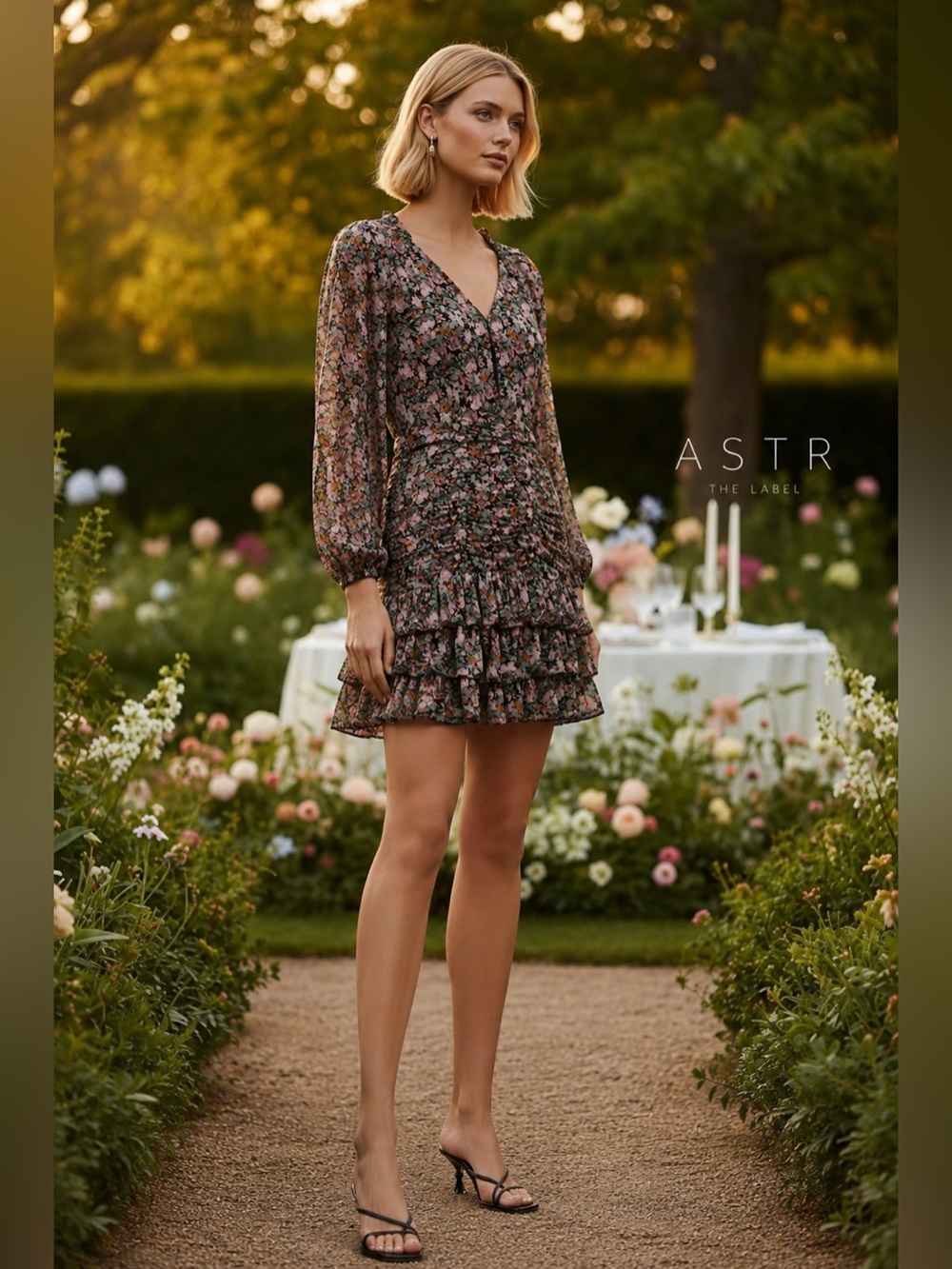 Astr Floral V-Neck Long Sleeve Ruffle Mini Dress - Pink on Black